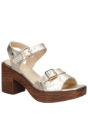 Sandalia de cuero oro para mujer, estilo casual, con taco bloque de 8 cm y diseño de punta abierta.