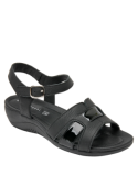 Calzado femenino de cuero negro, ideal para verano, con diseño casual y forro de poliuretano.