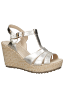 Sandalia de cuero oro para mujer, estilo casual, con taco cuña de 10 cm y punta abierta.