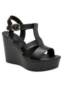 Sandalia negra de cuero para mujer, ideal para el verano, diseño casual con cuña alta.