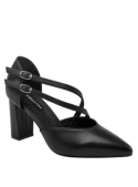 Calzado femenino de cuero negro con elegante diseño de vestir y taco bloque, perfecto para eventos sociales.
