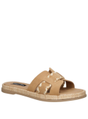 Sandalia casual de cuero camel para mujer con punta abierta y taco plano de 2 cm.