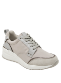 zapatilla taupe de cuero y textil para mujer, diseño moderno con forro de malla mesh.