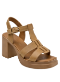 Sandalia camel de cuero para mujer, diseño casual con punta abierta y forro de poliuretano.