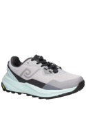 Zapatilla gris de mujer para trail running, diseño moderno y resistente con punta redonda y forro de malla.
