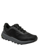 Zapatilla negra femenina con suela de agarre, material sintético y textil, cómoda y estable.