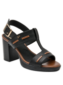 Sandalia casual de cuero negro para mujer, con punta abierta y taco bloque, perfecta para mantener frescura.