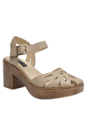 Sandalia de cuero beige para mujer, diseño casual, ideal para verano, taco bloque y punta redonda.
