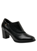 Zapato de cuero negro de mujer, elegante y clásico, con detalles textiles mínimos y forro de poliuretano.