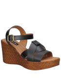 Sandalia de cuero negro para mujer con diseño casual y taco cuña de 8.5 cm, ideal para el verano.