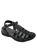 Elegante sandalia de cuero negra para mujer, ideal para el verano, con diseño cómodo y estable.