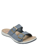 Sandalia de mujer azul con taco plano de 2 cm y suela de buen agarre.