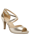Elegante sandalia de cuero dorado para mujer, ideal para ocasiones formales en verano.