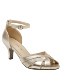Elegante sandalia dorada de cuero para mujer, ideal para ocasiones formales en verano.