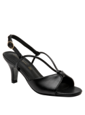 Sandalia negra de mujer en cuero, ideal para ocasiones formales, con punta abierta y diseño sofisticado.