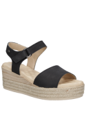Sandalia negra de cuero para mujer con diseño casual y punta abierta.