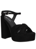 Sandalia negra de cuero con diseño de punta abierta y taco bloque de 12 cm para mujer.
