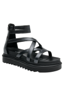 Sandalia negra de cuero para mujer, estilo casual con punta abierta.