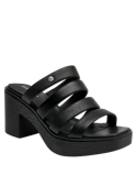Sandalia de cuero negro con punta abierta, estilo casual para mujer, perfecta para un look veraniego.
