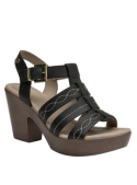 Elegante sandalia negra de cuero, diseño casual para mujer, con punta abierta y forro de poliuretano.