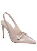 Zapato rosado de charol de cuero para mujer con taco aguja, elegante y sofisticado.