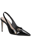 Zapato de charol negro para mujer de cuero premium con taco aguja de 10 cm, estilo elegante y sofisticado.