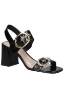 Sandalia negra de charol para mujer con taco bloque de 8 cm, diseño elegante en cuero.
