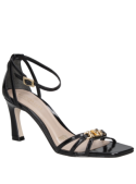 Sandalia negra de cuero casual para mujer con diseño sofisticado y taco bloque de 8 cm.