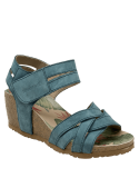 Sandalia azul de cuero para mujer con taco cuña, diseño casual y moderno.