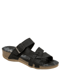 Sandalia de cuero negro casual para mujer con taco plano y diseño moderno.