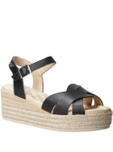 Sandalia negra de cuero para mujer, estilo casual, con taco cuña de 9.5 cm y diseño anatómico.