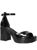 Sandalia negra de charol para mujer con taco bloque de 8.5 cm y punta abierta, estilo contemporáneo.