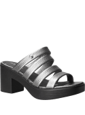 Sandalia plateada de cuero para mujer con diseño contemporáneo y taco bloque de 8 cm.