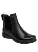 Botín de cuero negro estilo Chelsea para mujer, clásico y versátil, con suela de buen agarre y detalles minimalistas.
