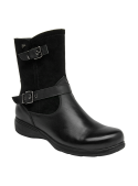 Diseño de bota negra de cuero con punta redondeada, correas con hebillas y corte a media pierna, sofisticado y versátil.
