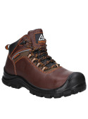 Zapato de seguridad café para hombre, suela resistente, plantilla Kevlar, ideal para entornos exigentes.