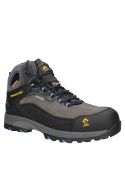 Zapato de seguridad gris con puntera de composite y cordones reflectantes, diseñado para máxima protección.