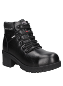 Zapato de seguridad negro para mujer, con puntera de composite y suela resistente a hidrocarburos.