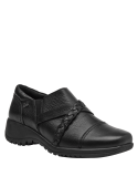 Zapato negro de cuero para mujer con detalle trenzado, suela de goma antideslizante, perfecto para estilo casual diario.