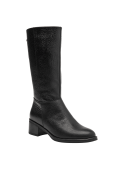 Bota negra de cuero para mujer, diseño de caña alta y puntera redondeada, ideal para un estilo casual y elegante.