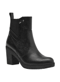 Botín Chelsea de cuero negro para mujer, versátil para uso diario o eventos formales, combinando estilo rústico y elegancia.