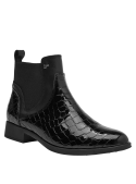Botín Chelsea negro de cuero para mujer, con textura de piel de reptil y elástico lateral, ideal para uso urbano diario.