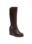 Bota de cuero marrón para mujer con caña alta hasta la rodilla, ideal para un look casual y urbano en invierno.