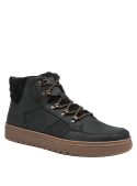 Botín negro casual para hombre, diseño robusto en cuero y textil, ideal para uso urbano y actividades al aire libre.
