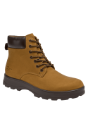 Botín de cuero camel para hombre, estilo casual, con caña media que ofrece soporte al tobillo y ajuste firme con cordones.