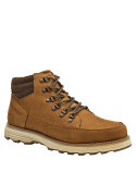 Botín café de cuero y textil para hombre, casual y robusto, ideal para actividades al aire libre.