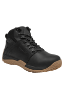 Botín negro de cuero y textil para hombre, outdoor, puntera reforzada y soporte para tobillo en terrenos difíciles.