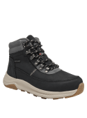 Calzado outdoor negro de cuero para mujer, con cordones asegurados por ojales metálicos y ganchos para un ajuste seguro.
