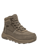 Botín taupe de cuero para mujer, diseñado para actividades outdoor, con caña media que brinda soporte al tobillo.