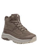 Botín taupe de cuero para mujer, estilo outdoor, con parte superior que combina gamuza y malla para durabilidad.